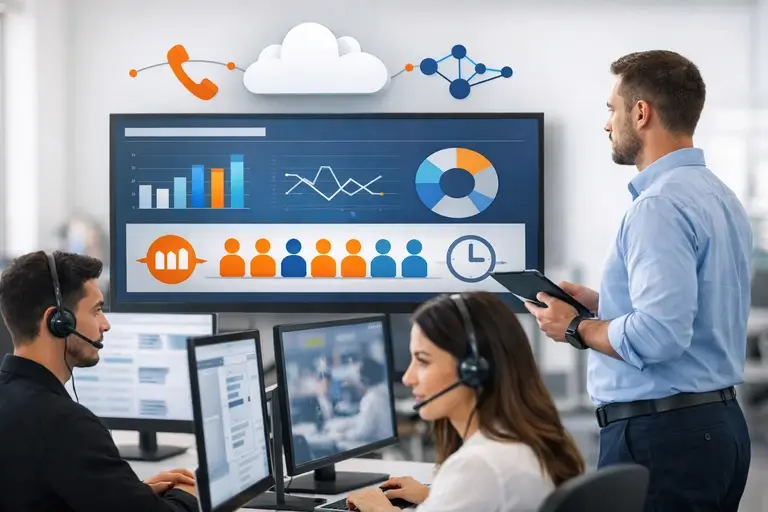 Equipe de Call Center acompanhando atendimentos em dashboard