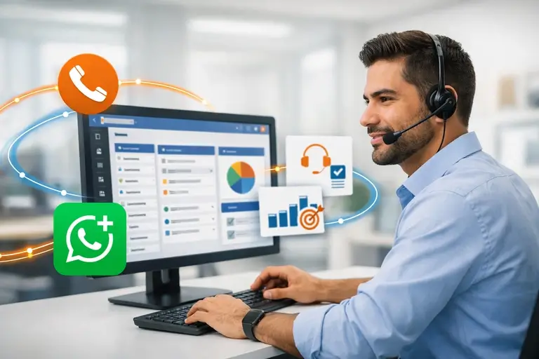 Operador de Telemarketing usando CRM integrado em campanha