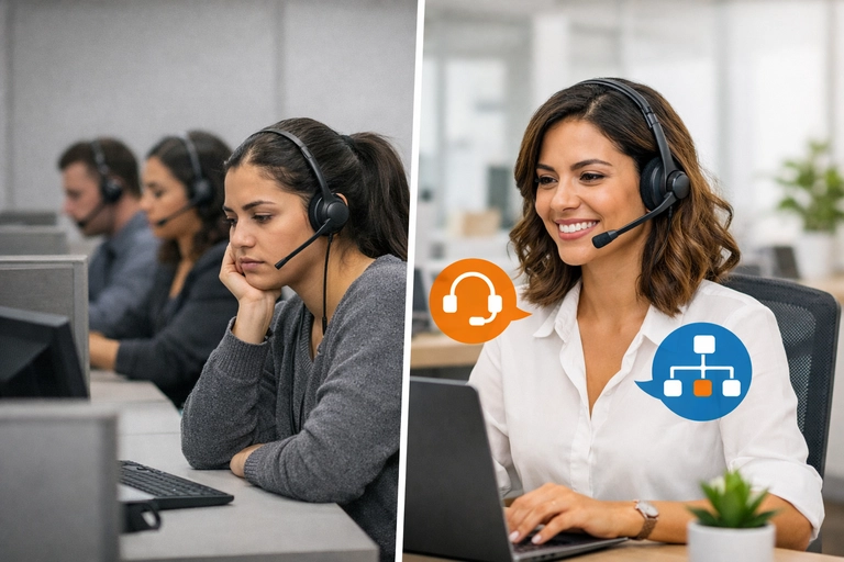 Atendente Virtual por voz atendendo chamadas em central corporativa
