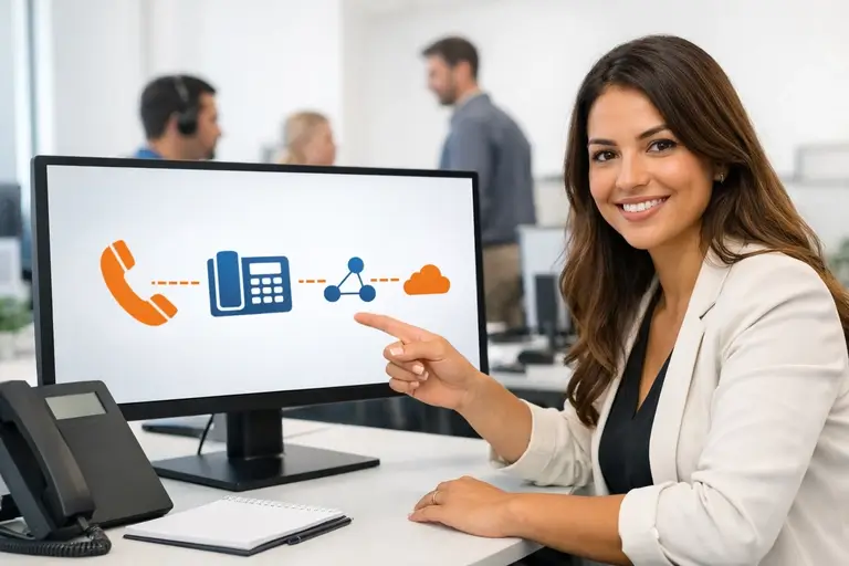 Equipe técnica operando Telefonia no Atacado em ambiente corporativo