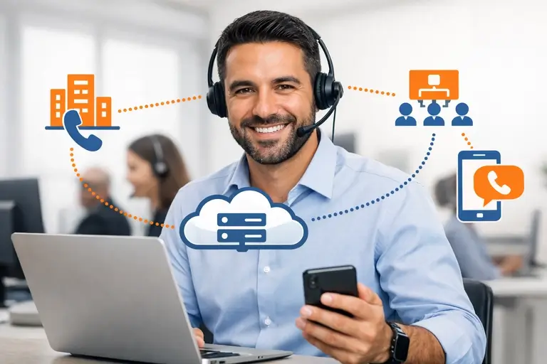 Equipe distribuída usando PABX para CRM em nuvem com filas