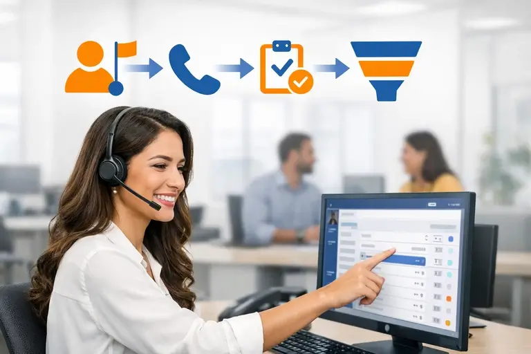 Vendedor iniciando chamada em Telefonia para CRM no funil comercial