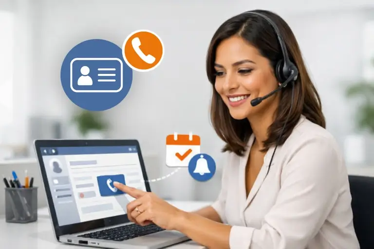 Vendedor usando Click-to-Call para CRM no cadastro do contato