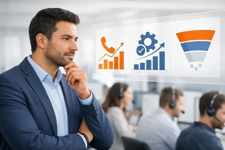 Gestor analisando indicadores de CRM com Telefonia em dashboard