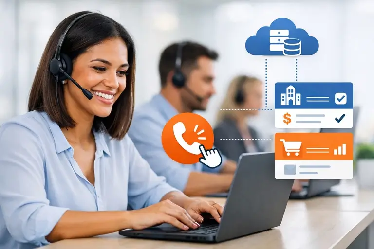 ERP com Telefonia acionando click-to-call em cadastro comercial