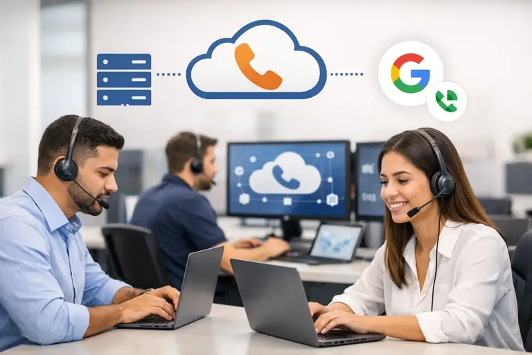 Equipe usando Telefonia para Google Voice em ambiente corporativo