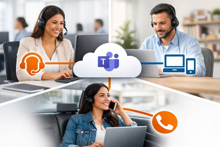 Microsoft Teams para Empresas com atendimento híbrido em vários dispositivos