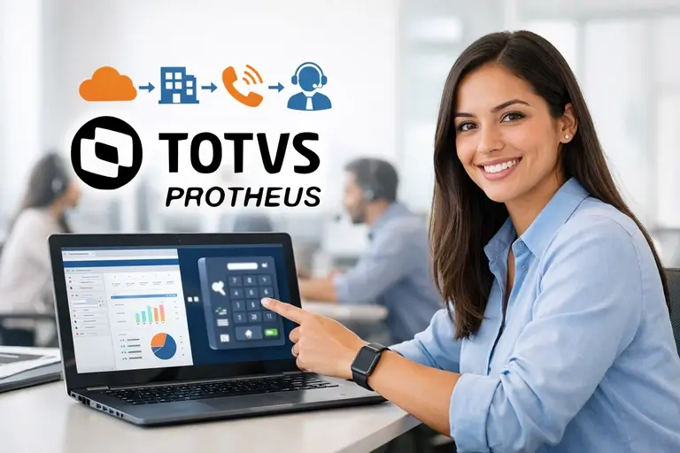 Equipe configurando Telefonia para TOTVS Protheus em central de atendimento