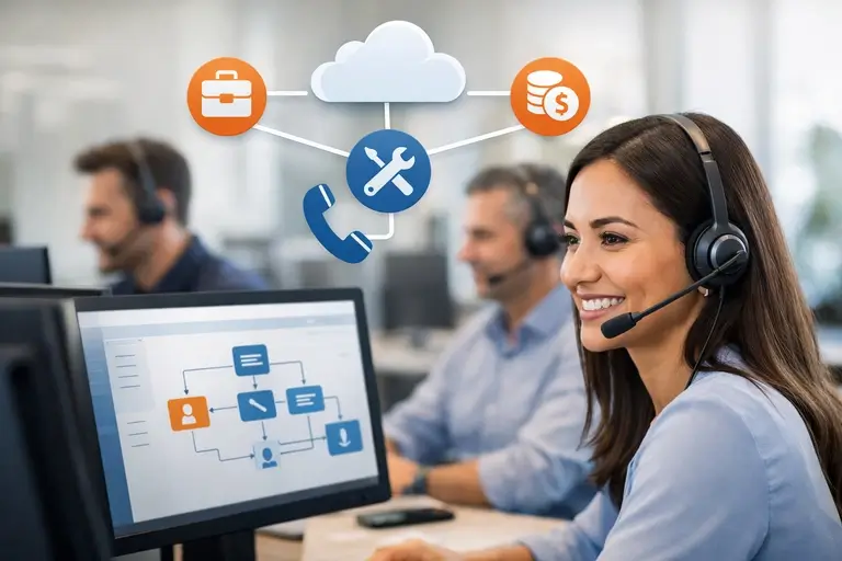 Equipe corporativa usando URA para atendimento telefônico empresarial
