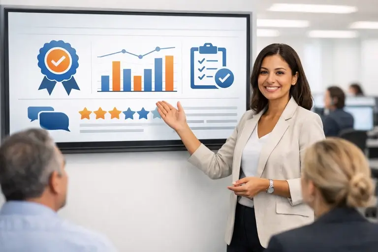 Gestores acompanhando Monitoria de Qualidade em dashboard de contact center
