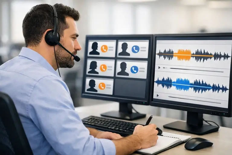Auditoria de Chamadas com supervisor analisando trechos de ligações