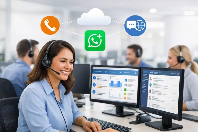 Equipe usando Contact Center para voz, WhatsApp e canais digitais