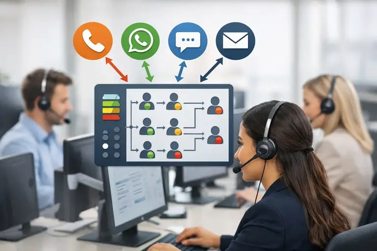 Contact Center distribuindo chamadas e mensagens para atendentes