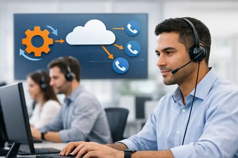 Operadores usando Discador em central de atendimento empresarial
