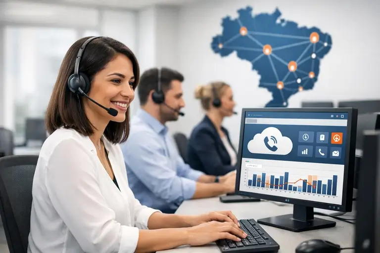 Equipe corporativa atendendo chamadas por Número Virtual em nuvem