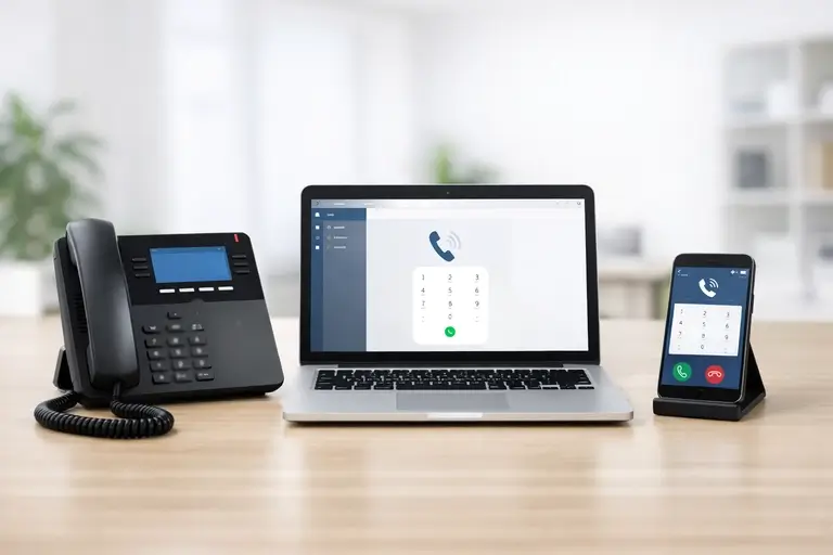Telefone DDR em mesa corporativa com softphone e telefone IP
