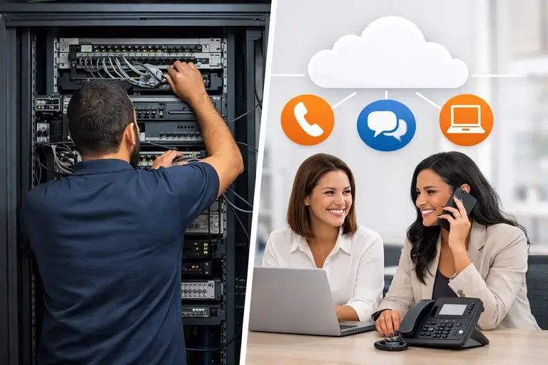 Equipe comparando Telefonia em Nuvem e PABX físico