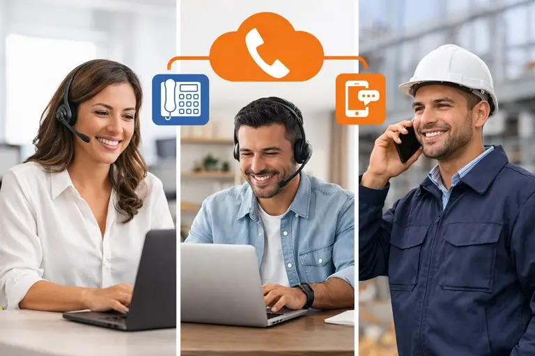 Equipe híbrida atendendo por Voz em Nuvem em vários dispositivos