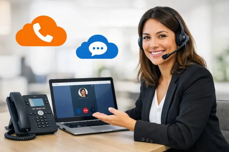 Equipe usando Telefone VoIP em softphone e telefone IP no escritório
