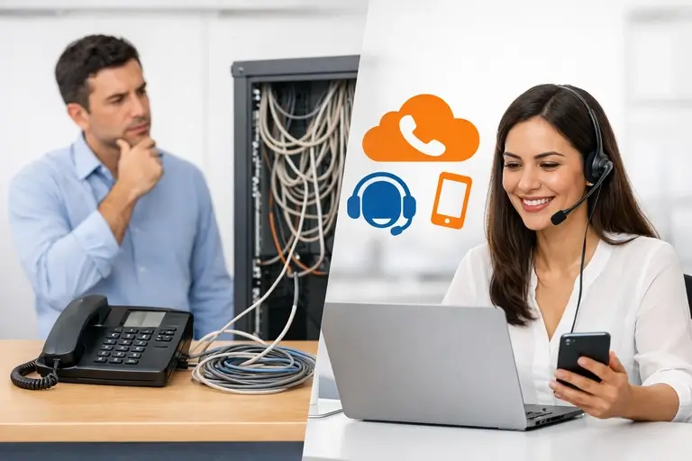 Gestor comparando Linha VoIP e telefone fixo em painel corporativo