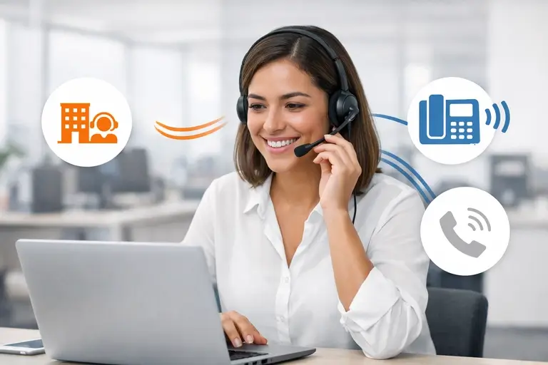 Atendente usando Telefone VoIP pela internet em computador corporativo