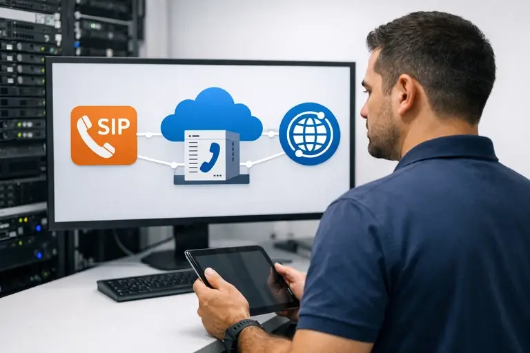 Técnico monitorando Linha VoIP com SIP e PABX em Nuvem