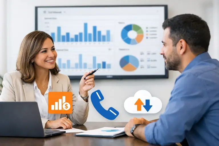 Financeiro analisando custos de Telefone VoIP em dashboard