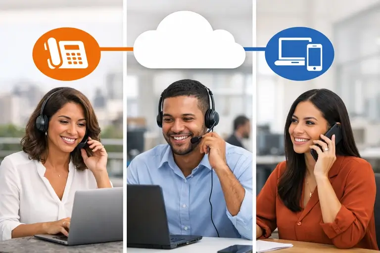 Equipe remota atendendo por Linha VoIP em celular e notebook