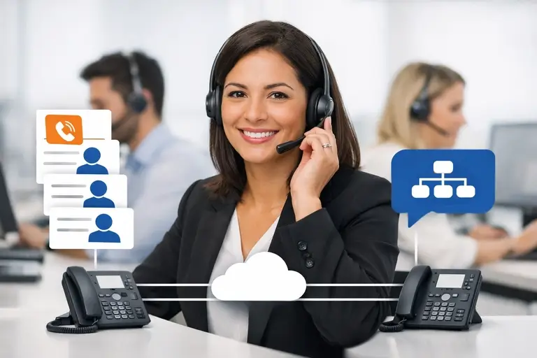Atendentes usando Telefonia IP Empresarial com URA e ramais