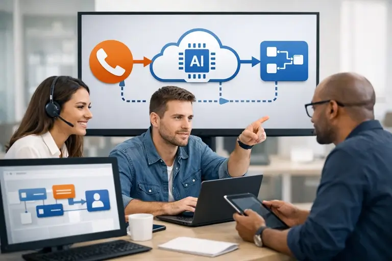 Equipe técnica configurando Integração ElevenLabs com CRM corporativo