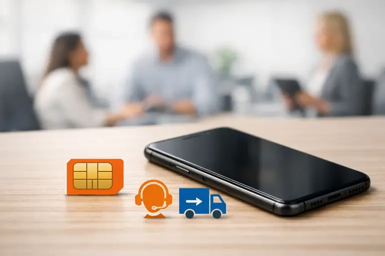Chip Celular em smartphone corporativo com equipe de vendas ao fundo