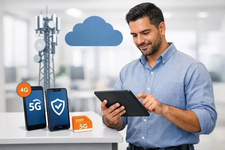 Chip 5G para Empresas com técnico validando cobertura móvel