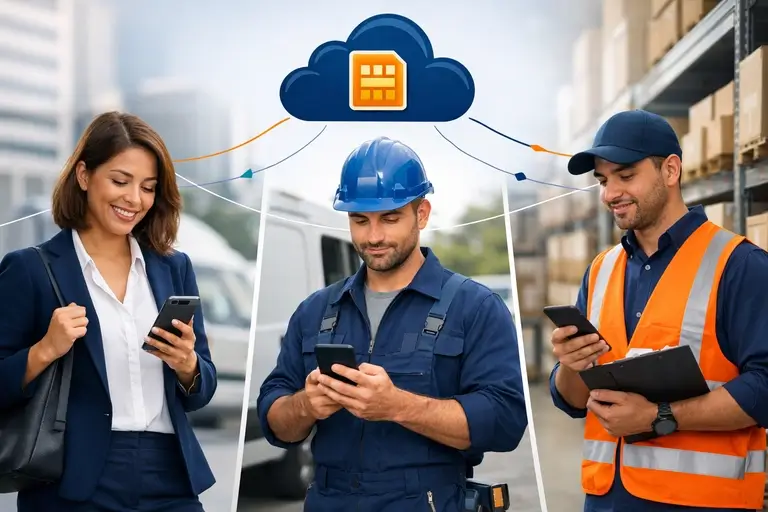 Chip Celular em celulares de equipe externa conectada por mapa digital