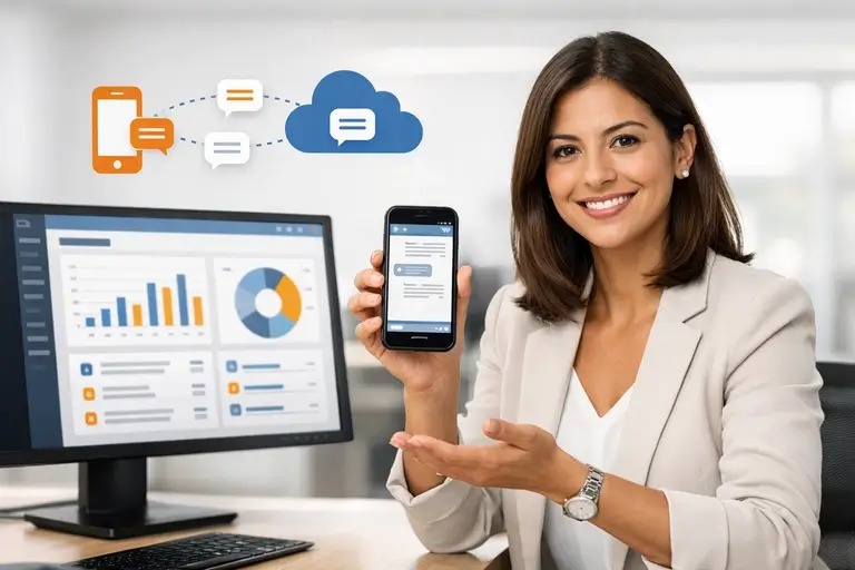 Gestores acompanhando SMS empresarial em dashboard corporativo