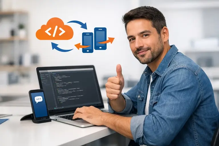 Desenvolvedor testando API de SMS REST com webhooks