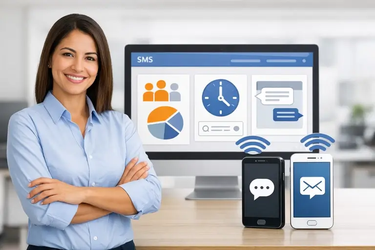 Equipe configurando SMS para envio pela rede móvel corporativa
