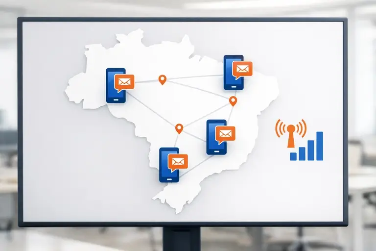 Mapa do Brasil com SMS chegando a celulares sem internet