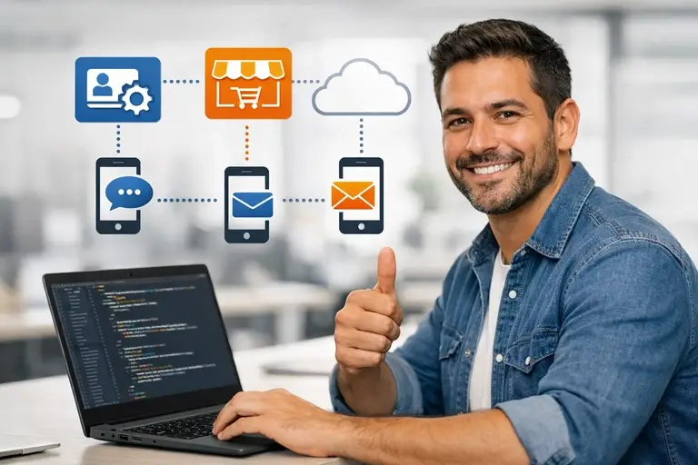 Desenvolvedor integrando API de SMS a CRM e ERP corporativo