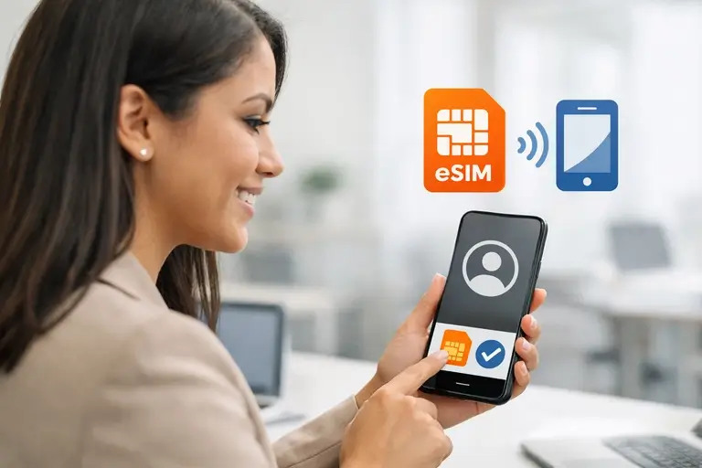 Colaborador ativando eSIM Empresarial em aparelho compatível