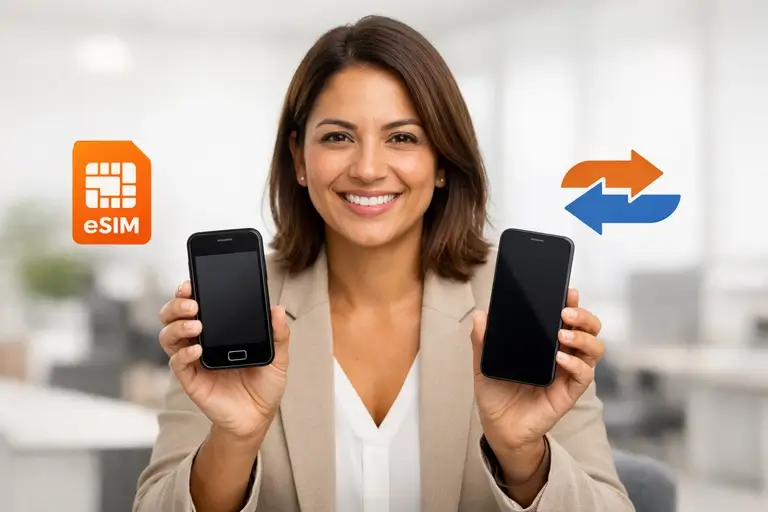 Chip eSIM sendo reprovisionado em novo smartphone corporativo