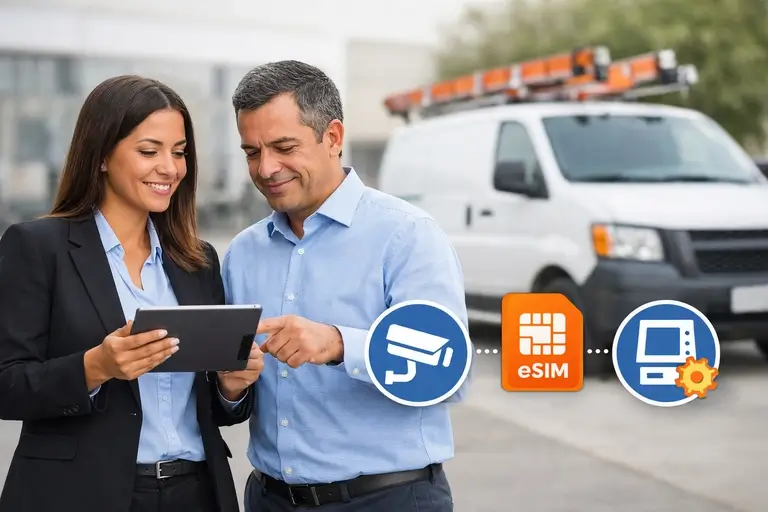 Gestores analisando redução de custos com eSIM M2M em campo