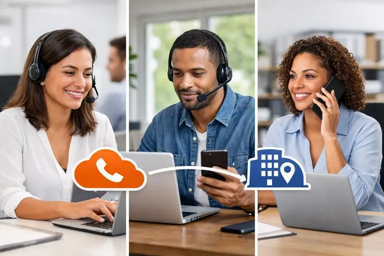 Equipe usando Linha SIP em computadores e celulares corporativos