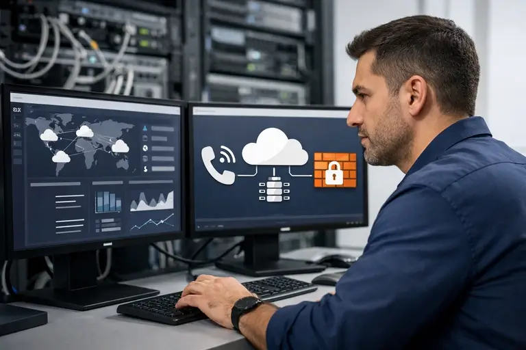 Técnico configurando Conta SIP Empresarial em painel de rede