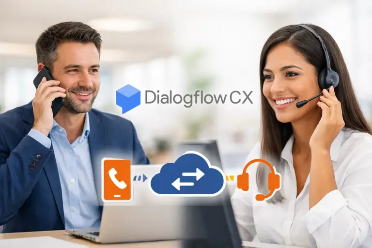 SIP Trunk para Google Dialogflow CX roteando chamada para agente de IA e atendente