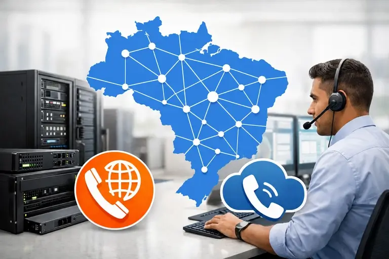 SIP Trunk para NVIDIA NIM conectando mapa do Brasil e central de atendimento