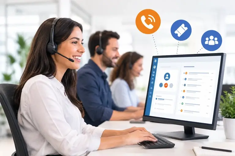 Equipe usando Telefonia para Help Desk integrada aos tickets