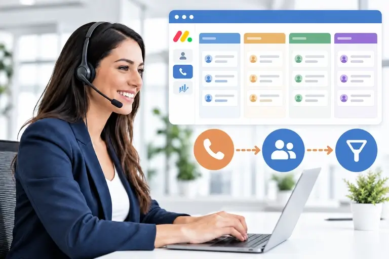 Equipe usando Telefonia para Monday Sales CRM integrada ao pipeline