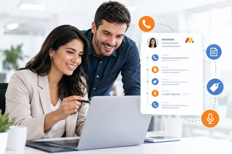 Integração de Chamadas com Monday CRM exibindo histórico comercial
