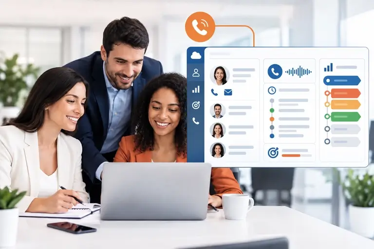 Equipe usando Telefonia para Nectar CRM em contatos e oportunidades