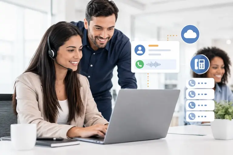 Equipe usando Telefonia para Ploomes com chamadas vinculadas ao CRM